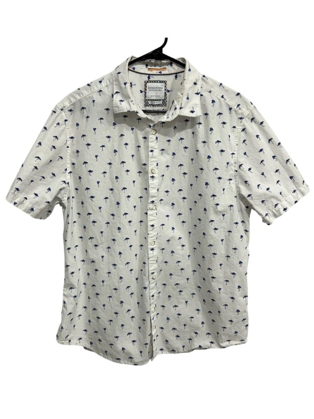 Denim & Flower Ricky Singh XL Mens Slim Fit Flamingo Pattern Collared Shirt Boho